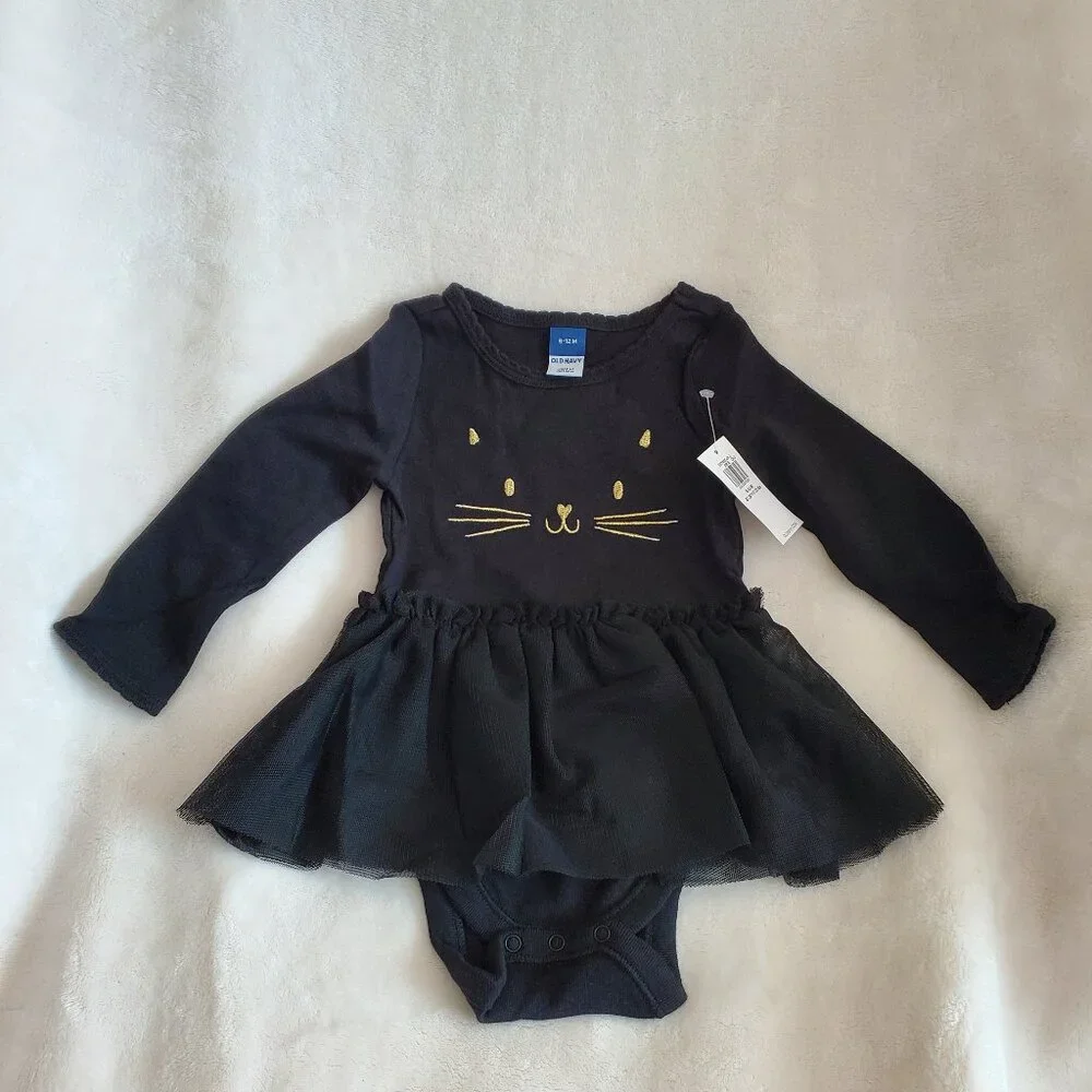 NEW Old Navy Girls Baby One Piece Dress Black Cat Gold‎ 6 - 12 months
